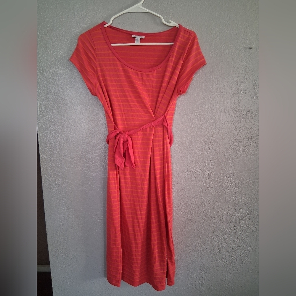 A Pea In The Pod Mini Striped Belted Dress Orange Peach Maternity M